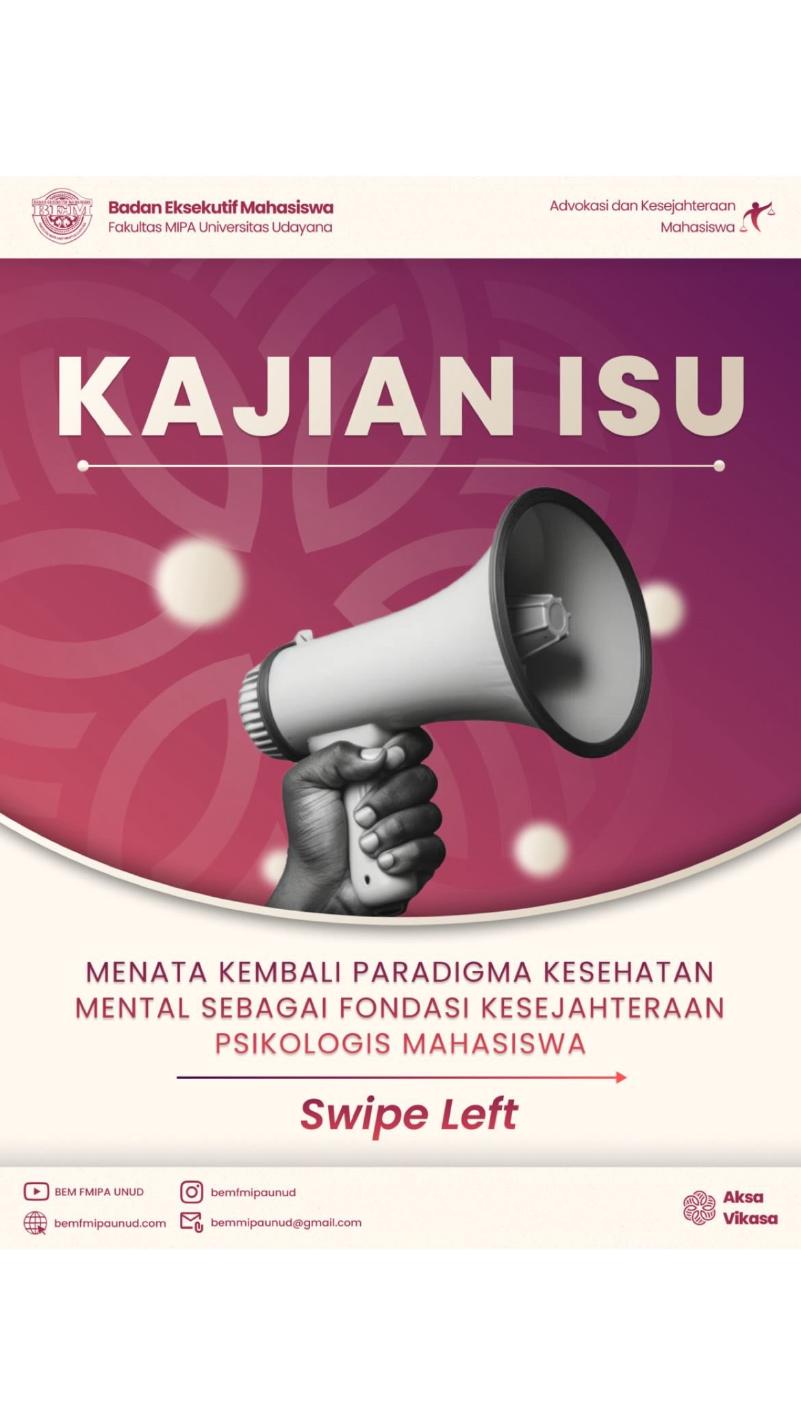 [MENATA KEMBALI PARADIGMA KESEHATAN MENTAL SEBAGAI FONDASI KESEJAHTERAAN PSIKOLOGIS MAHASISWA]

𝐒𝐚𝐥𝐚𝐦 𝐒𝐚𝐭𝐮 𝐌𝐈𝐏𝐀!
𝐇𝐚𝐫𝐦𝐨𝐧𝐢𝐬𝐚𝐬𝐢𝐤𝐚𝐧 𝐏𝐞𝐫𝐮𝐛𝐚𝐡𝐚𝐧!

𝙃𝙖𝙡𝙤 𝘾𝙞𝙫𝙞𝙩𝙖𝙨 𝘼𝙠𝙖𝙙𝙚𝙢𝙞𝙠𝙖 𝙁𝙈𝙄𝙋𝘼☺️🙌🏻

Fenomena meningkatnya tekanan psikologis di kalangan mahasiswa menunjukkan bahwa isu kesehatan mental bukan lagi persoalan individu, melainkan problem struktural yang memengaruhi kualitas pembelajaran, produktivitas, dan dinamika kehidupan kampus. Banyak mahasiswa berjuang dalam senyap karena tekanan akademik yang ketat tidak selalu diimbangi dengan ekosistem yang memahami kebutuhan psikologis mereka. Kondisi ini menciptakan kesenjangan serius antara tuntutan akademik dan kapasitas adaptasi mahasiswa.

Peningkatan pemahaman mengenai isu kesehatan mental menjadi langkah strategis untuk membangun ekosistem kampus yang lebih manusiawi. Edukasi yang tepat mampu mengubah pola pikir, memperkuat kesadaran diri, serta membuka ruang diskusi yang sehat di antara civitas akademika. Lingkungan kampus yang responsif terhadap isu psikologis terbukti berkontribusi pada performa akademik yang lebih stabil dan kesejahteraan mahasiswa secara menyeluruh.

Peran aktif civitas akademika menjadi fondasi penting bagi terwujudnya lingkungan belajar yang lebih adaptif terhadap kebutuhan mental mahasiswa. Penguatan literasi psikologis, peningkatan akses informasi, dan komunikasi yang lebih terbuka antarindividu memungkinkan terciptanya budaya saling peduli dan bertumbuh bersama. Perubahan tersebut menjadi pijakan kuat bagi FMIPA untuk melangkah menuju ruang akademik yang lebih sehat dan berkelanjutan.

===========================================
#MIPAJAYA
#EmpowerGrowth
#KabinetAksaVikasa
#KajianIsu

• Bergerak sebagai Poros, Berputar Mengintegrasi, Mewujudkan Harmoni dan
Perubahan Berarti •
