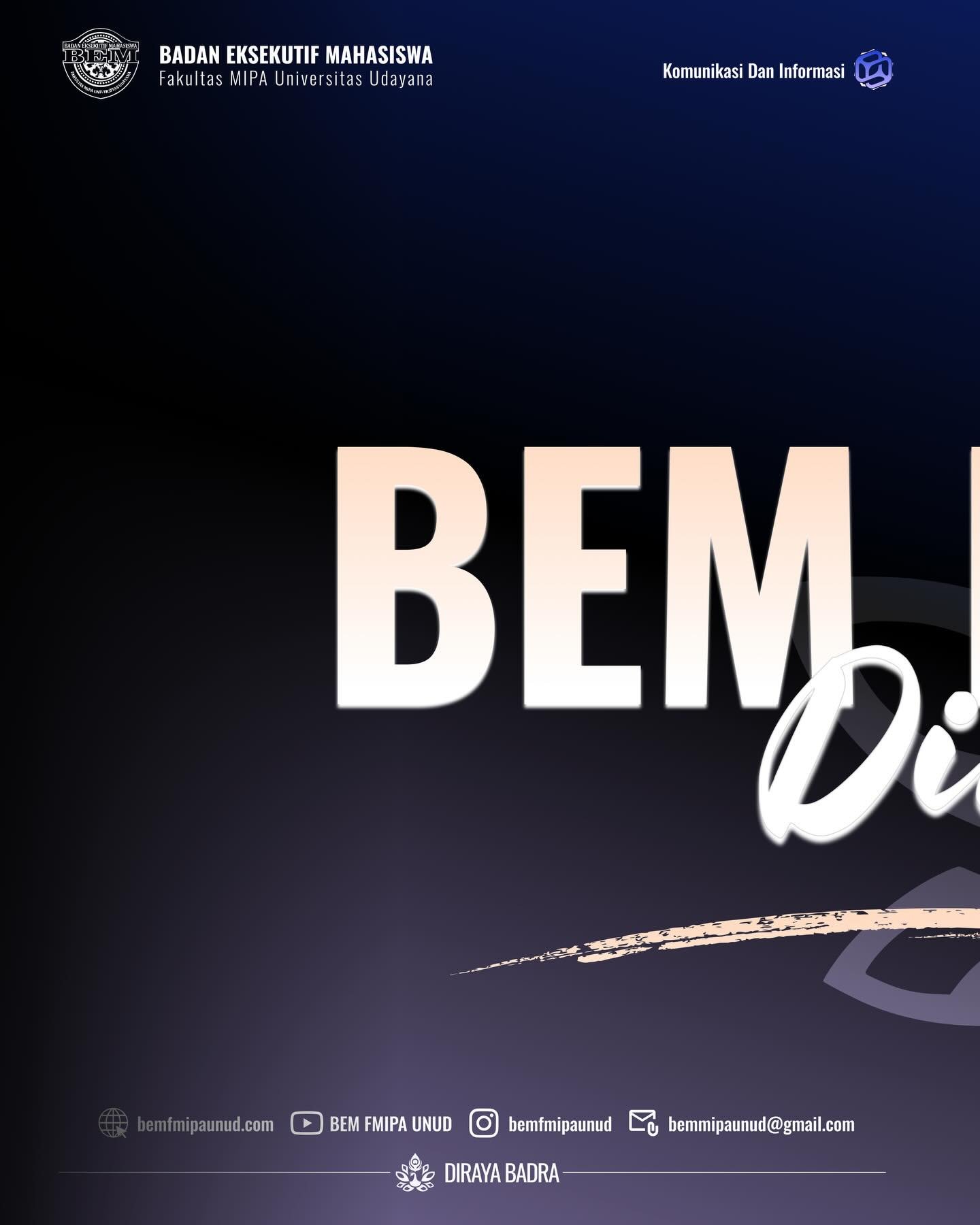 [PERKENALAN FUNGSIONARIS BEM FMIPA 2026]

S𝐚𝐥𝐚𝐦 𝐒𝐚𝐭𝐮 𝐌𝐈𝐏𝐀!
Deliberasikan Tindakan!

𝑯𝙖𝙡𝙤 𝘾𝙞𝙫𝙞𝙩𝙖𝙨 𝘼𝙠𝙖𝙙𝙚𝙢𝙞𝙠𝙖 𝙁𝙈𝙄𝙋𝘼😊🙌

Rangkaian perkenalan Fungsionaris BEM FMIPA 2026 Kabinet Diraya Badra menjadi awal dari langkah baru dalam perjalanan pengabdian kami. Setiap individu yang diperkenalkan merupakan bagian dari satu komitmen bersama untuk mengabdi, bertumbuh, dan berkontribusi bagi FMIPA.

Dengan semangat kolaborasi dan keterbukaan, kami siap melangkah bersama seluruh civitas akademika FMIPA, menjaga nilai-nilai yang telah ada, serta menghadirkan gagasan dan karya yang relevan dengan kebutuhan bersama.

Kami percaya, perjalanan ini akan menjadi lebih bermakna ketika dijalani dalam kebersamaan. Mari bersua dalam asa, bergerak dalam karya, dan bertumbuh bersama demi FMIPA yang harmonis dan sejahtera.

===========================================
#MIPAJAYA
#BoldCommunication
#KabinetDirayaBadra

• Mewujudkan harmoni dan kesejahteraan bersama melalui tindakan yang bijak
dan Deliberasi •