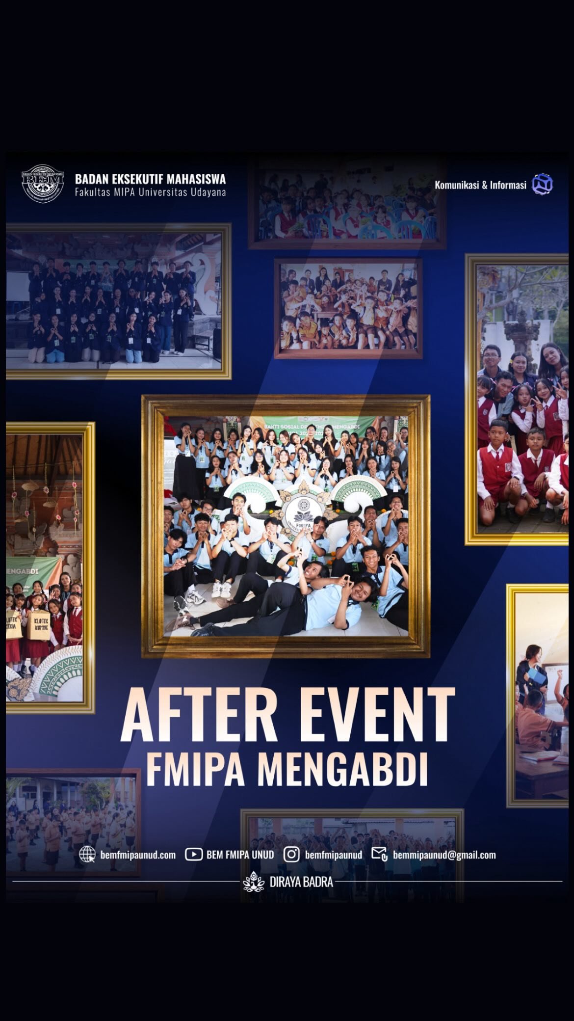 [AFTER EVENT FMIPA MENGABDI 2026]

𝐒𝐚𝐥𝐚𝐦 𝐒𝐚𝐭𝐮 𝐌𝐈𝐏𝐀! 
Deliberasikan Tindakan! 

𝙃𝙖𝙡𝙤 𝘾𝙞𝙫𝙞𝙩𝙖𝙨 𝘼𝙠𝙖𝙙𝙚𝙢𝙞𝙠𝙖 𝙁𝙈𝙄𝙋𝘼😊🙌🏻

Mengabdi tanpa batas
Mengajar dengan ikhlas 🌿

FMIPA Mengabdi 2026 Resmi Berakhir. ✨ Lima hari penuh cerita, pembelajaran, dan pengabdian di Desa Nyanglan, Kecamatan Banjarangkan, Kabupaten Klungkung, telah menjadi perjalanan yang meninggalkan makna mendalam. 

Dengan berbagai potensi yang dimiliki serta semangat masyarakat untuk terus berkembang, Desa Nyanglan menjadi ruang bagi kami untuk menghadirkan program-program yang berfokus pada pendidikan, pemberdayaan masyarakat, inovasi, dan kepedulian terhadap lingkungan. Melalui kolaborasi dan semangat pengabdian, kami berharap dapat tumbuh bersama masyarakat, menciptakan dampak yang berkelanjutan, serta menghadirkan manfaat yang nyata bagi desa dan seluruh pihak yang terlibat. 🌟

Contact Person :
👩‍🏫 Intan (087762959471)
🧑‍🏫 Sanjaya (083853975322)

Stay tuned di @fmipamengabdiunud untuk informasi selanjutnya dan ikuti terus rangkaian kegiatan FMIPA MENGABDI 2026! 
===========================================
#MIPAJAYA 
#BoldCommunication 
#KabinetDirayaBadra 
#FMIPAMENGABDI2026

 • Mewujudkan Harmoni dan Kesejahteraan Bersama melalui Tindakan yang Bijak dan Deliberasi •
